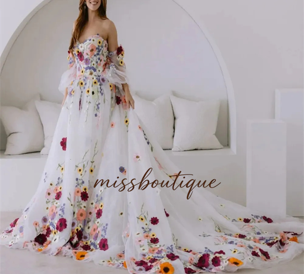 Fantasy Colorful Flower Wedding Dresses Boho Fairytale A Line 3D Floral Appliques Rustic Country Bridal Gowns Detachable Sleeves Ivory Tulle Bride D
