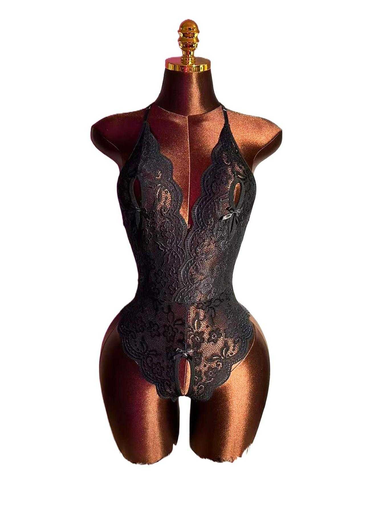Sexy Hot Crotchless Lingerie Erotic Black Lace Outfit Babydoll Dress Deep V Underwear Open Crotch Women Exotic Bodysuit Pajamas D260625