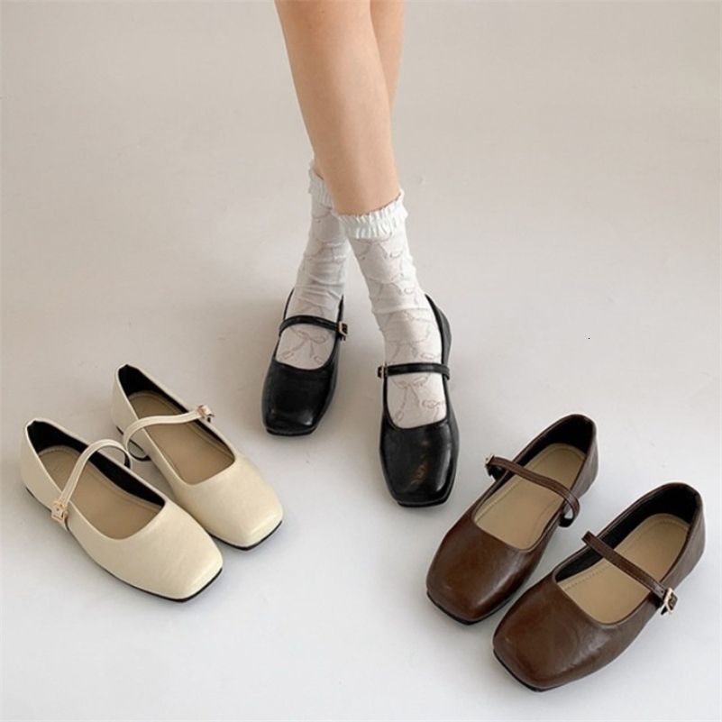 2026 Spring Women Ballet Flats Comfortable Square Toe Shoes Street Style Soft Leather Ladies Eelgant Dress Mary Jane Shoes 260624