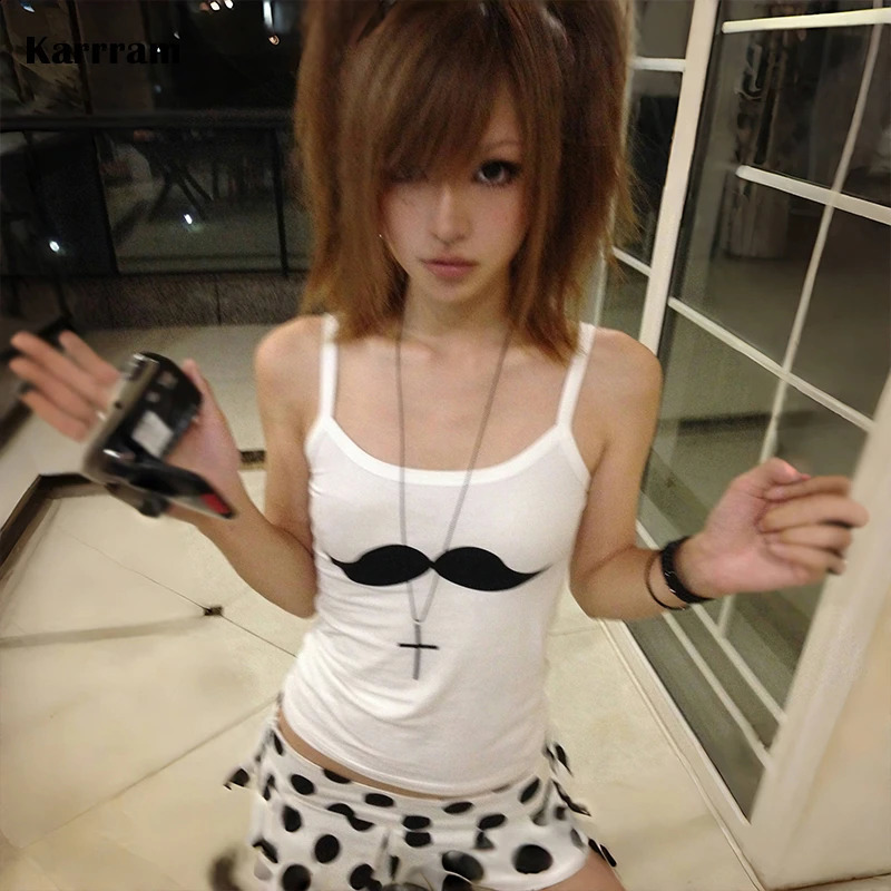 Karrram Japanese Y2k Beard Print Tank Top Trashy 2000s Style White Camisole Vintage Harajuku Cami Tops American Retro Crop 260616