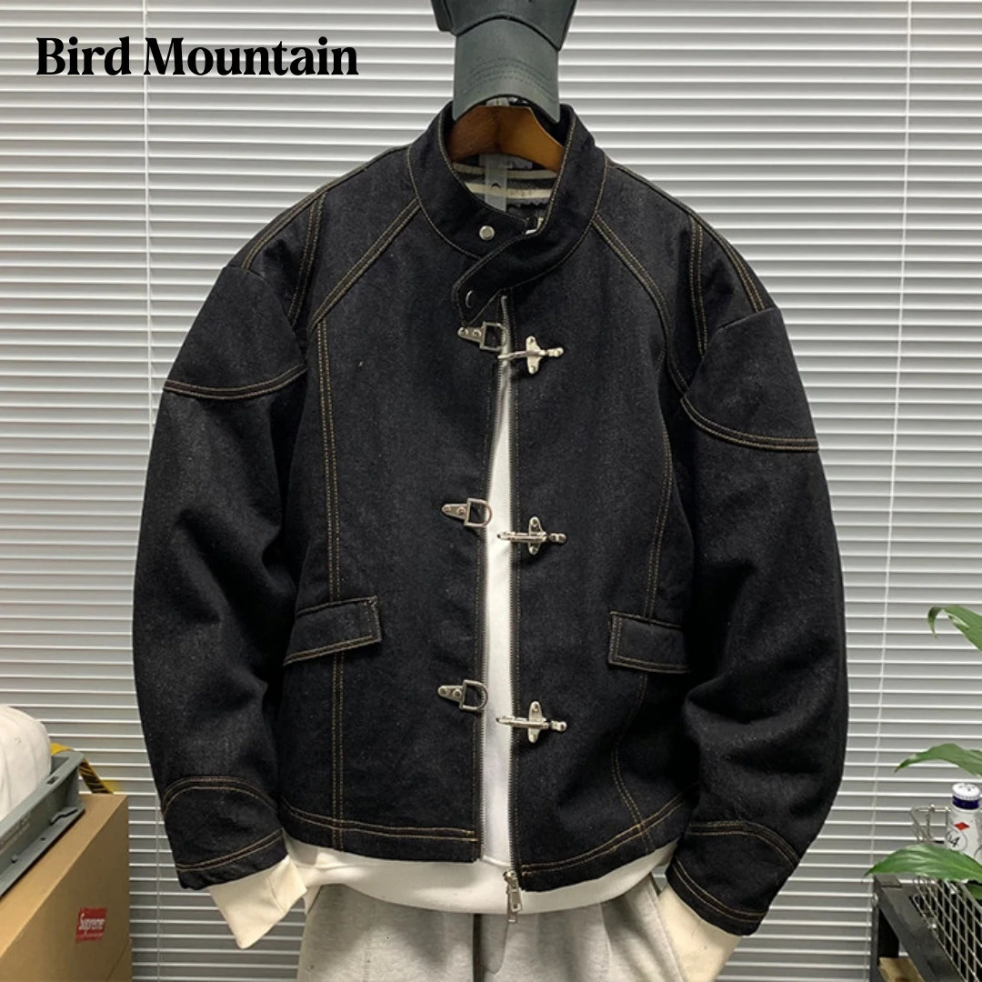 American Vintage Denim Jacket Men Stand Collar Cotton Spring Metal Button Splicing Regular Fit Streetwear Trendy Casual Outwear 260622