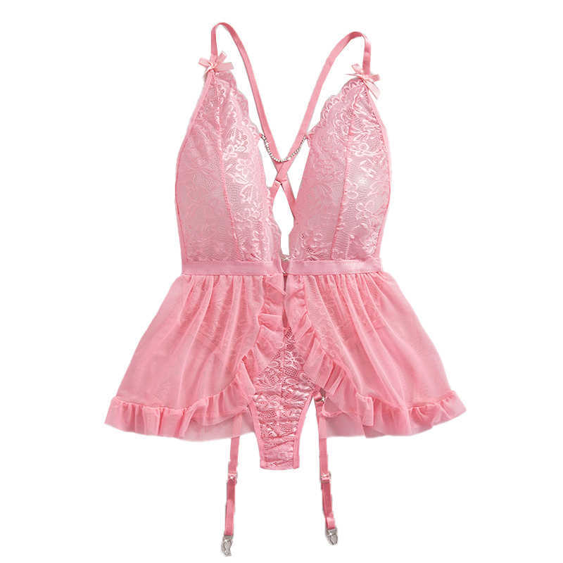 See-Through One-piece Pink Lace Deep V Open Bra Garter Bodysuit Babydoll Pajamas Set Womens Corset Sexy Lingerie Exotic Apparel D260625