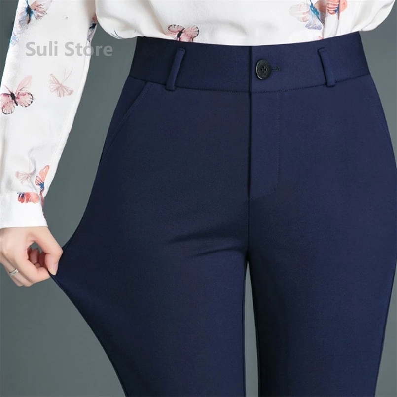 Spring Autumn Casual Button Elastic Mid Waist BlackNavy Blue Straight Trousers Office Lady Quick Drying Suit Pants Female 260624