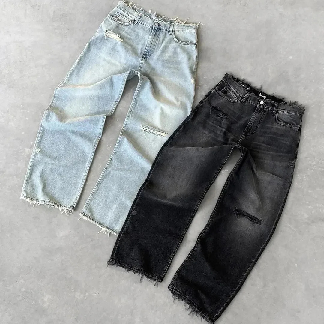 Straight Jeans Distressed Men Jean Ripped Holes Washed Denim Pants Ankle Length Loose Solid Zipper Fly Pockets Casual 2025 260624BJ