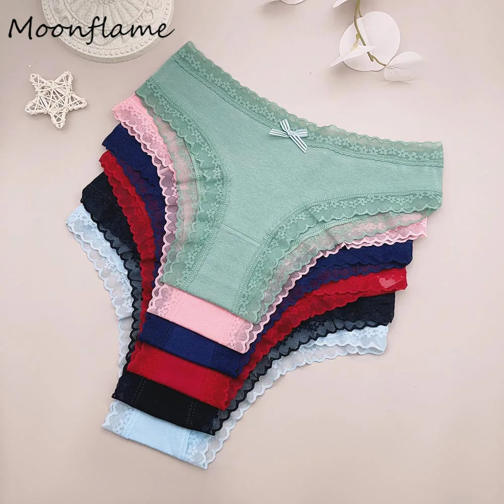 Moonflame 5 PCS Womens Pantie Female Lingerie Solid Color Sexy Lace Cotton Briefs Woman Panties 260624