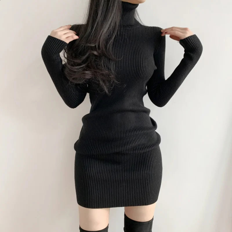Women Autumn Winter Turtleneck Warm Bodycon Dress Long Sleeve Knit Solid Office Pullover Sexy Mini Dress for Ladies 260625BJ