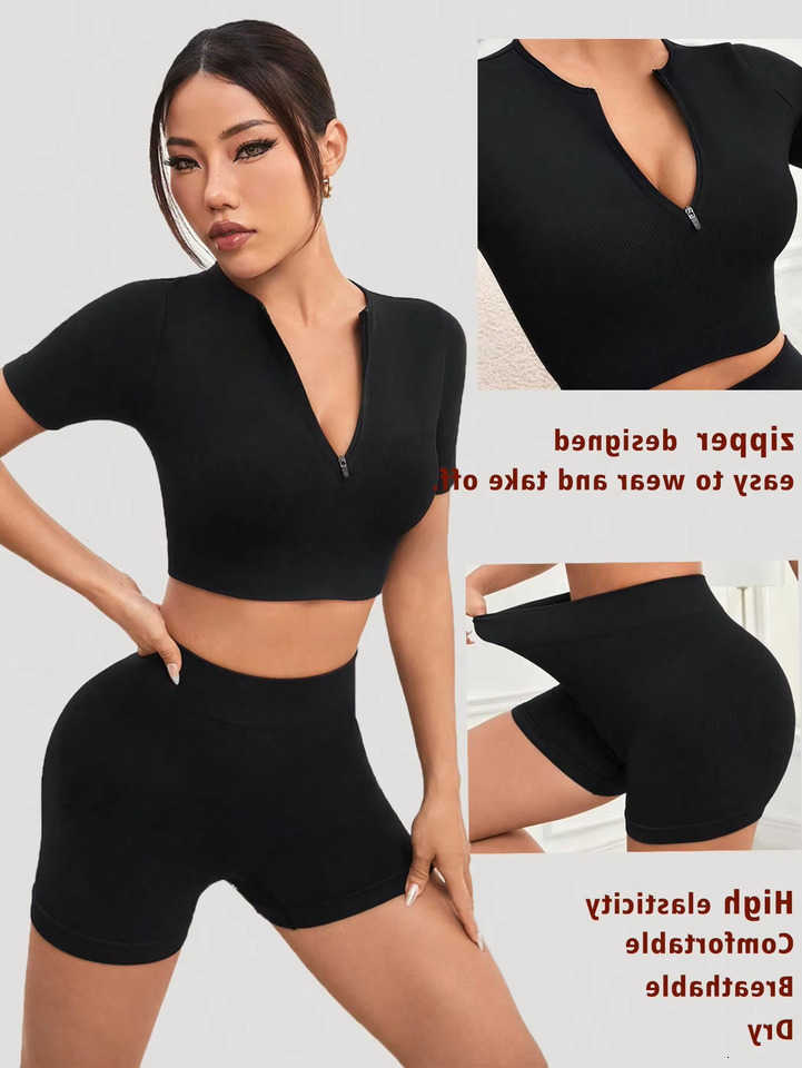 Set Gym Women Summer 2Pcs Short Sleeve Breathable Stretchy GYM Yoga Slim Fitness Active Top Quick Drying Cycling Set M260625