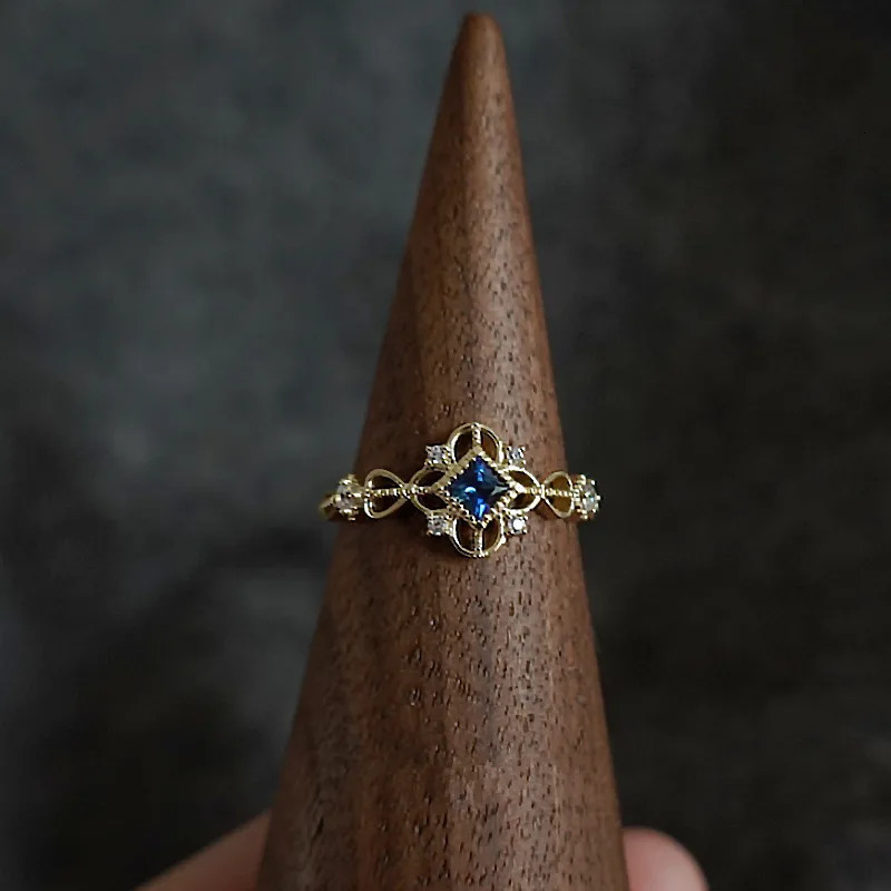 925 Sterling Silver 14K Gold Plated Ring for Women Blue Zircon Japanese Retro Hollow Simple Ring Wedding Party Jewelry 260624