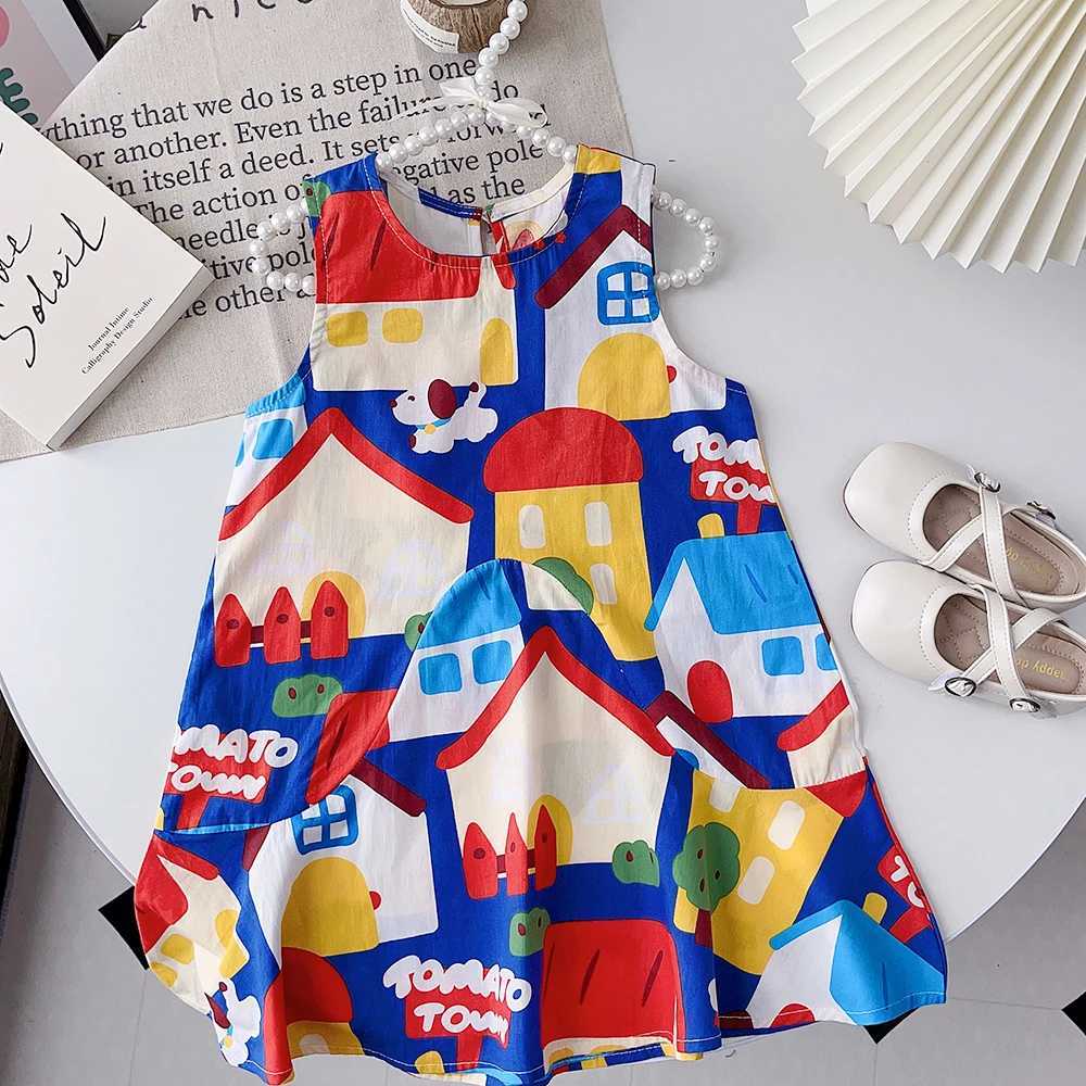 Summer 3-7 Years Girls Fashion Colorful Sleeveless O-Neck Princess Dress 1 Pc Children Cartoon Pattern Print Cute Casual Clothes Y260625P8A4