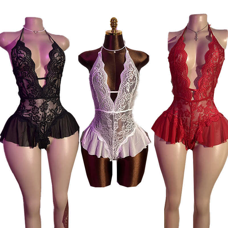 Women Crotchless Sexy Lingerie Lace Sexiest Backless Bodysuit Open Crotch Mesh Sleepwear Floral Perspective Erotic Underwear D260625