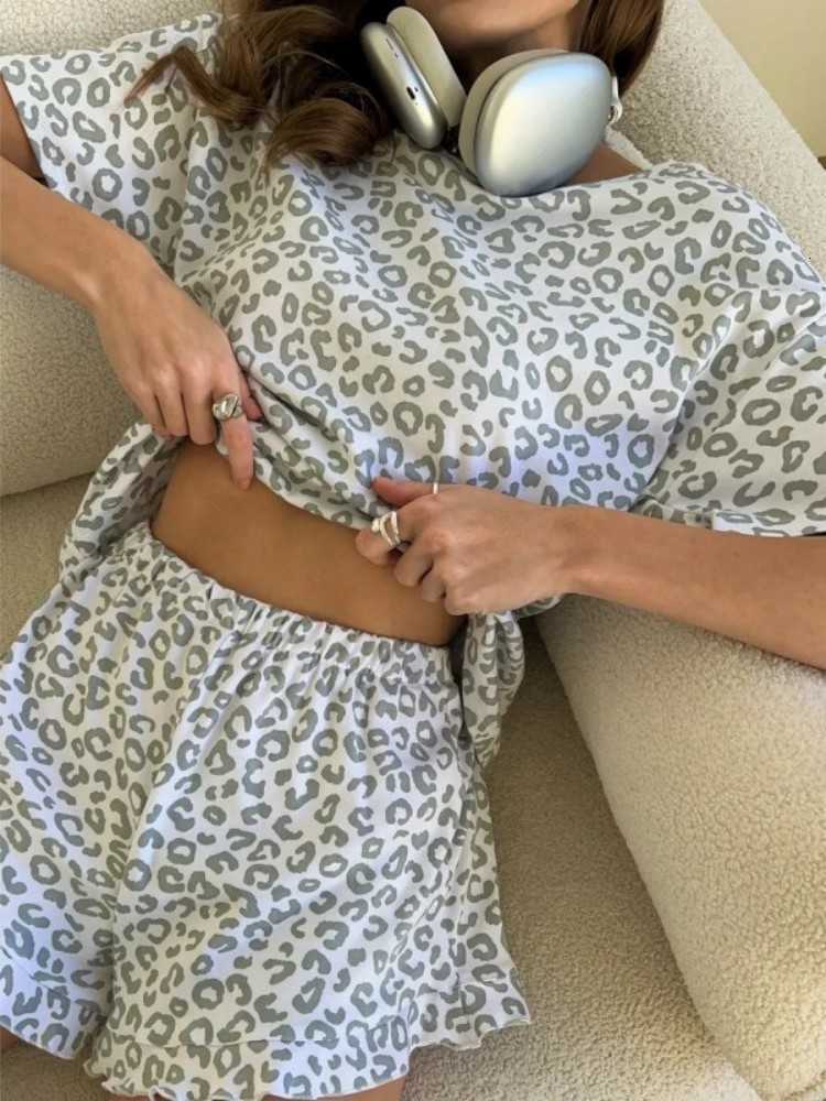 Fashion 2025 Womens Summer Sleepwear Leopard Print Sexy Hottie Round Neck Short Sleeve Tops and Shorts Suit Pyjamas Homewear M260625
