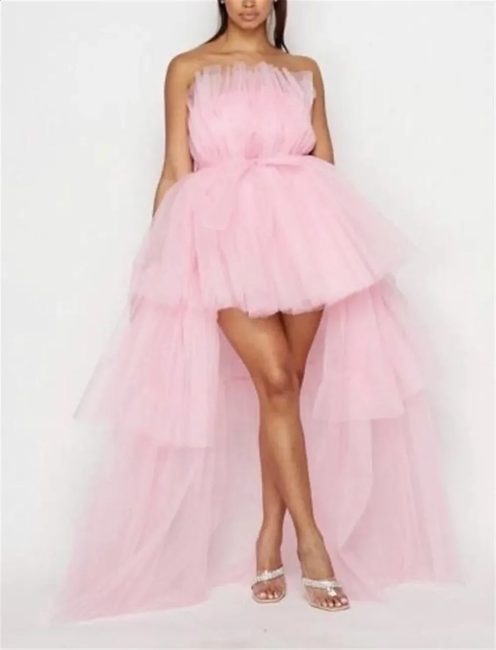 Elegant Womens High Low Tulle Dress Strapless Solid Color Tiered Cocktail Party Dress Prom Gown Black Pink Purple 260625BJ