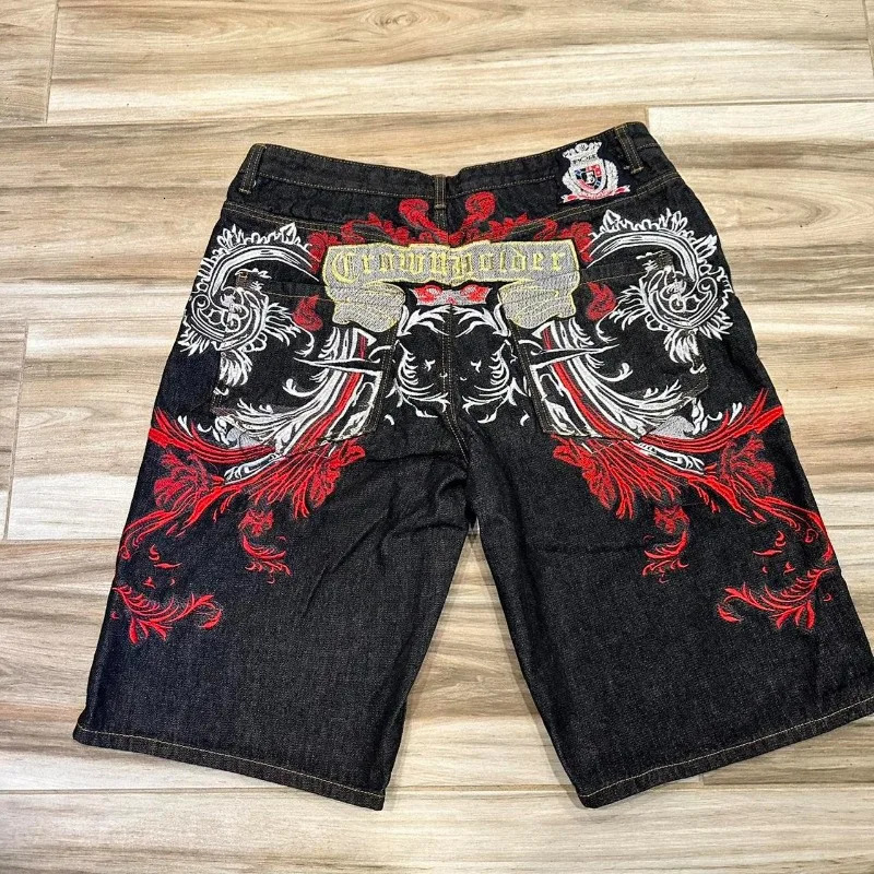 American Fashion Oversize Pattern Embroidery Baggy Denim Shorts Men Y2K Gothic Vintage Hip Hop Casual Couple Shorts 260624