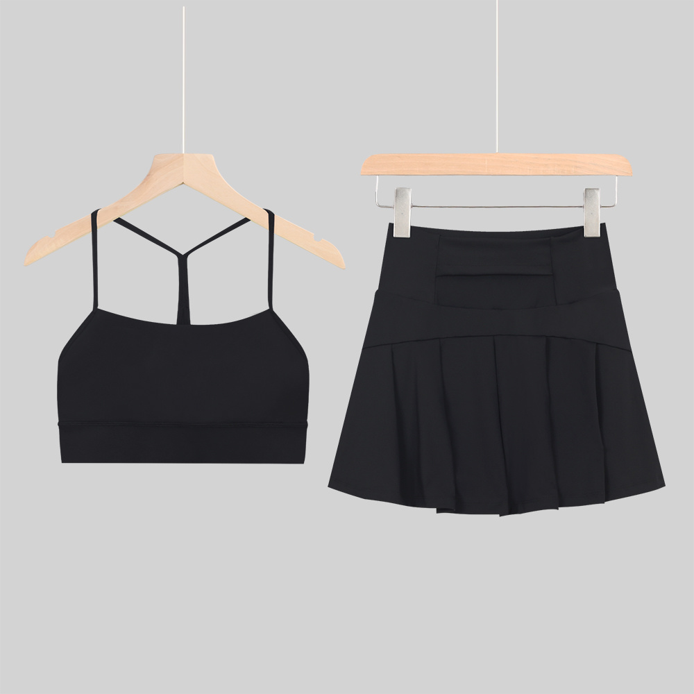 Soft Nylon Spandex Y Back Sports Bra High Waist Double Layer Tennis Skirt Built In Liner No See Through Women Golf Yoga Clothes