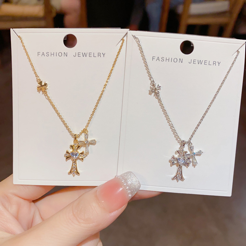 Korean Style Exquisite Temperament Fashion Zircon Double Cross Pendant Necklace Personality Light Luxury Versatile High-end Clavicle Chain