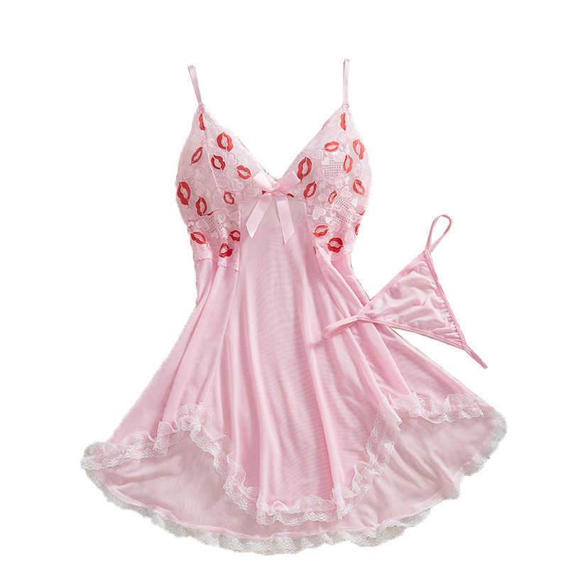 Pink Transparent Dress Sleepwear Pijamas Sexy Womens Nightdress And Thongs Sex Lace Deep V Bow Bra Underwear Erotic Costumes D260625