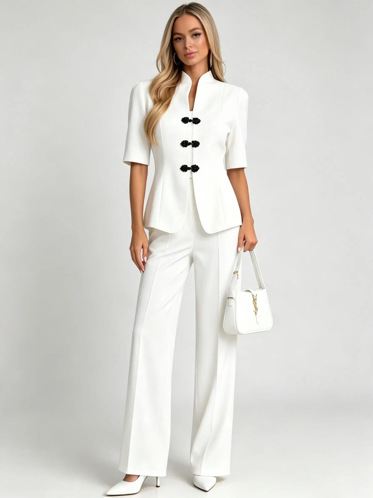 2026 Womens Oriental TwoPiece Suit Mandarin Collar Frog Button Short Sleeve Blazer High Waist Wide Leg Pants 260625