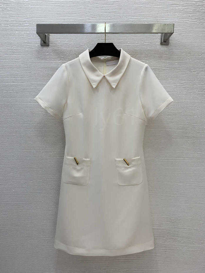 Women White Peter Pan Collar Mini Dress Short Sleeve Pocket With Gold Hardware Straight Sheath Dress Elegant Office Work Dress