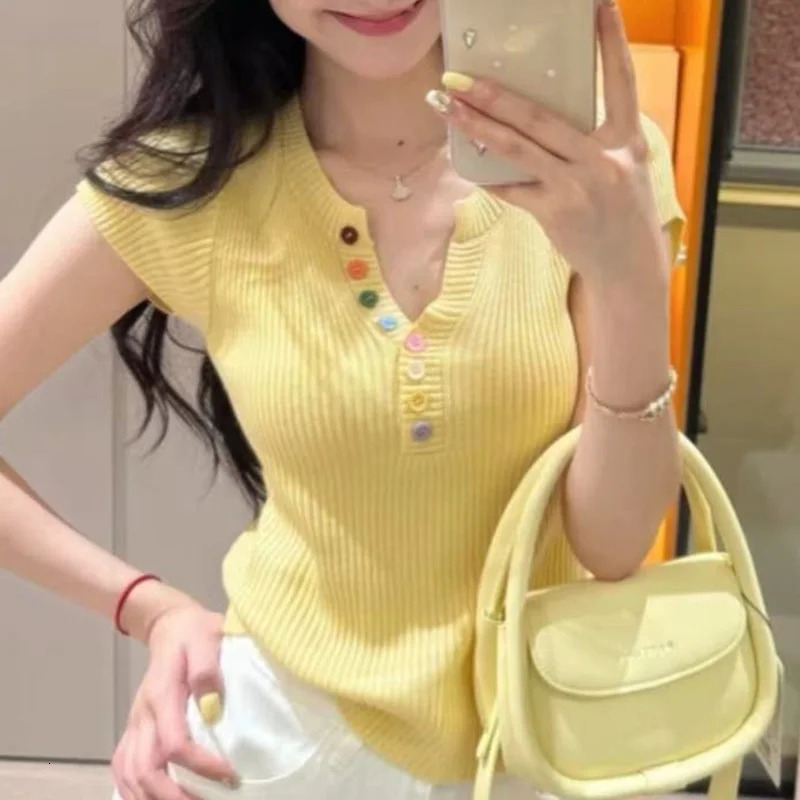 Summer Y2K Clothes Korean Style Tops Women Button Knitted T Shirt V Neck Short Sleeve Thin Tshirts Female Elasticity Slim Tees 260624