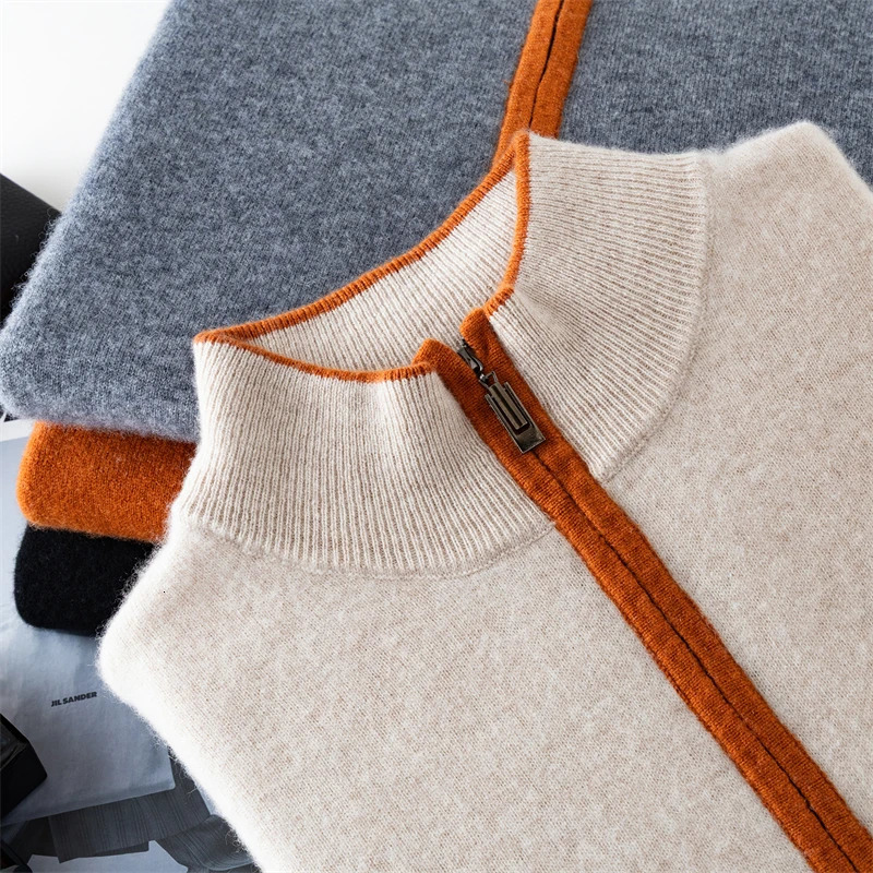 Mens 100 Cashmere Pullover Sweater Autumn/Winter Business Leisure Color Block Knitted Loose Fit Half High Collar Zipper Top 260624
