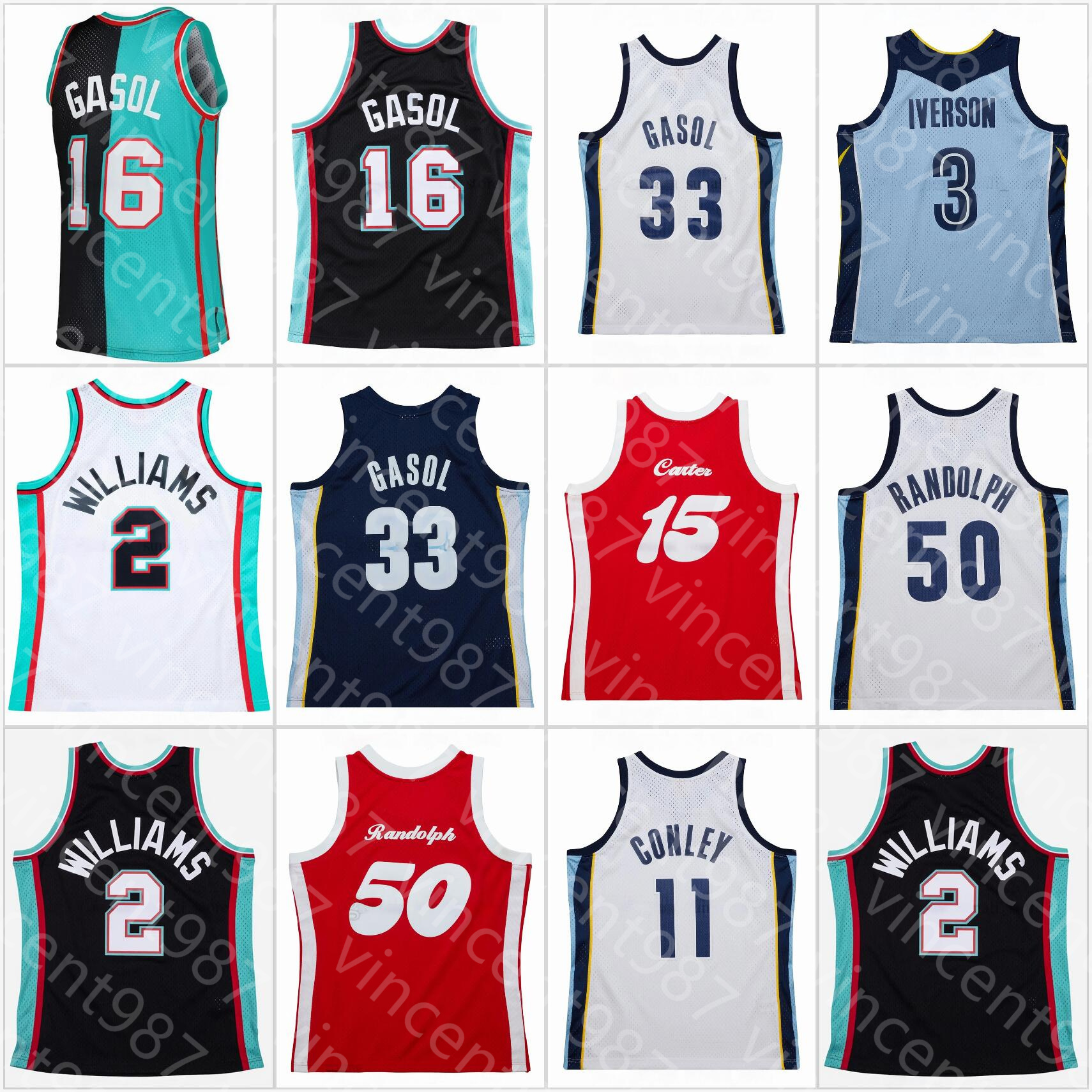 Stitched Retro Basketball Jersey Jason 2 Williams 3 Iverson Mike 11 Conley Vince 15 Carter Pau 16 Gasol Marc 33Gasol Zach 50 Randolph Vintage
