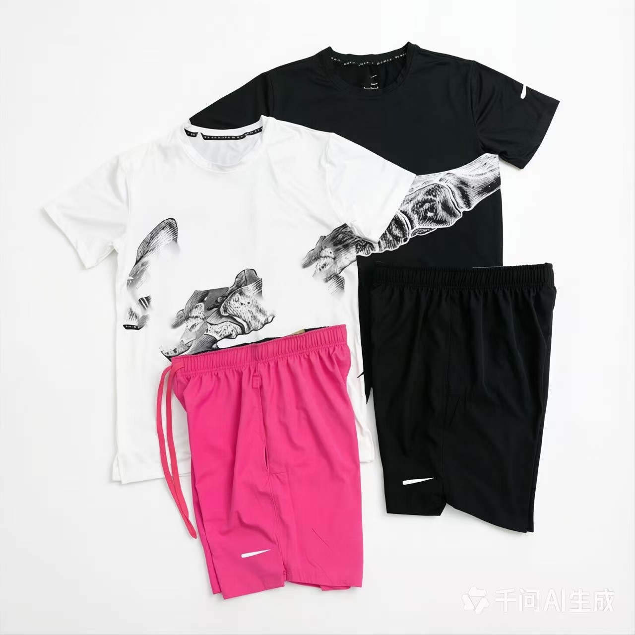 USA Style Men 2Pcs Skeleton Graphic Print Summer Sport Set Crew Neck Quick Dry Tee Training Shorts