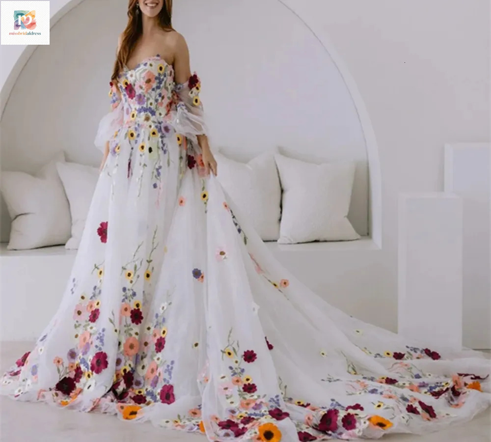Fantasy Colorful Flower Wedding Dresses Boho Fairytale A Line 3D Floral Appliques Rustic Country Bridal Gowns Detachable Sleeves Ivory Tulle Bride D