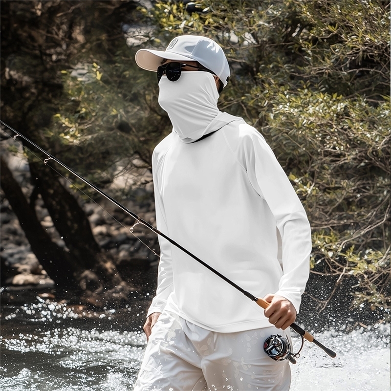 Mens Summer Quick Dry Long Sleeve T Shirt Sun Protection Hooded Top with Face Cover for Fishing Fitness Sports y260610