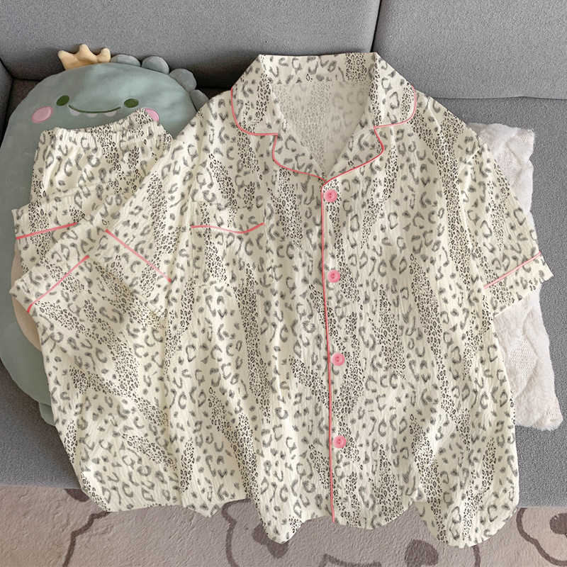 Ins Womens French-Style Leopard Print Cloud Cotton Summer Thin Pajama Set with Short Sleeves and Long Pants Loungewear M260625