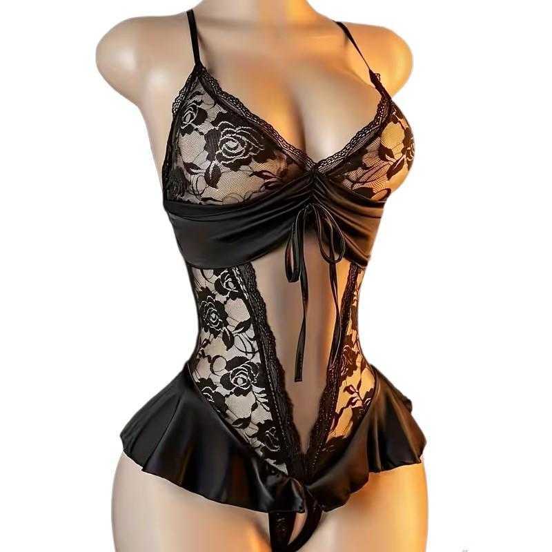 Crotchless Hot One Piece Sexy Womens Sleepwear Set Erotic Lingerie Pajama Dress Babydolls Deep V Bodysuit Perspective Costumes D260625