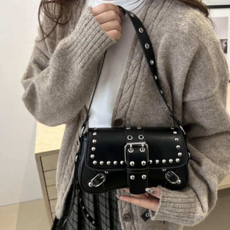 Tote Luxury Bag Shoulder Bag For Women Punk Style PU Leather Rock Fashion Handbags With Rivet Small Trendy Armpit Purse
