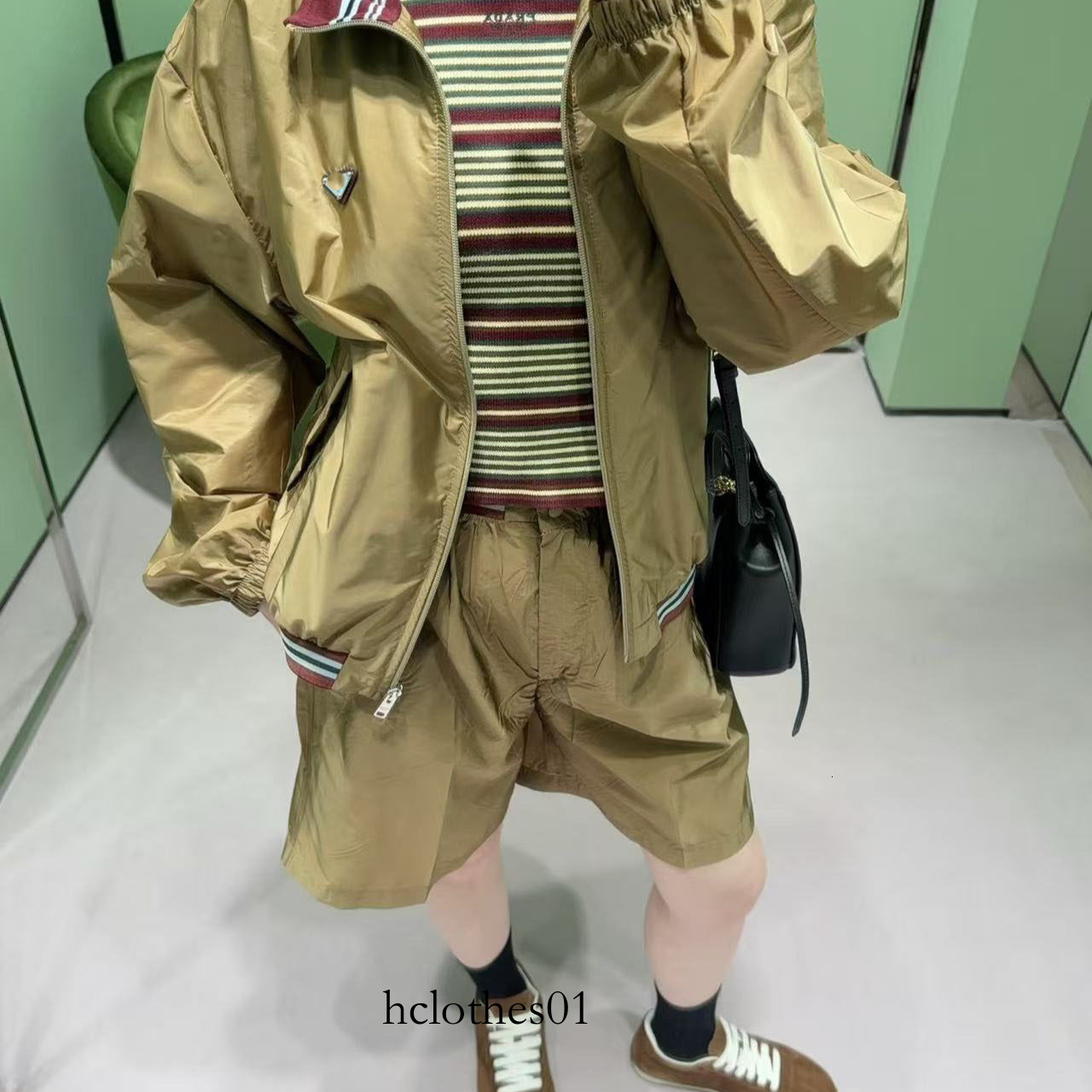 New European women's clothing: Vintage sporty nylon baseball jacket with a turn-down collar + elastic waist shorts set