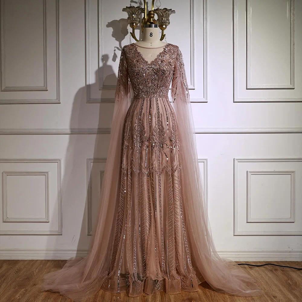 Luxury Elegant Rose Gold Beading A Line Evening Dresses with Cape Sleeves for Formal Party Prom gowns Custom Made color/size Robe De Soiree