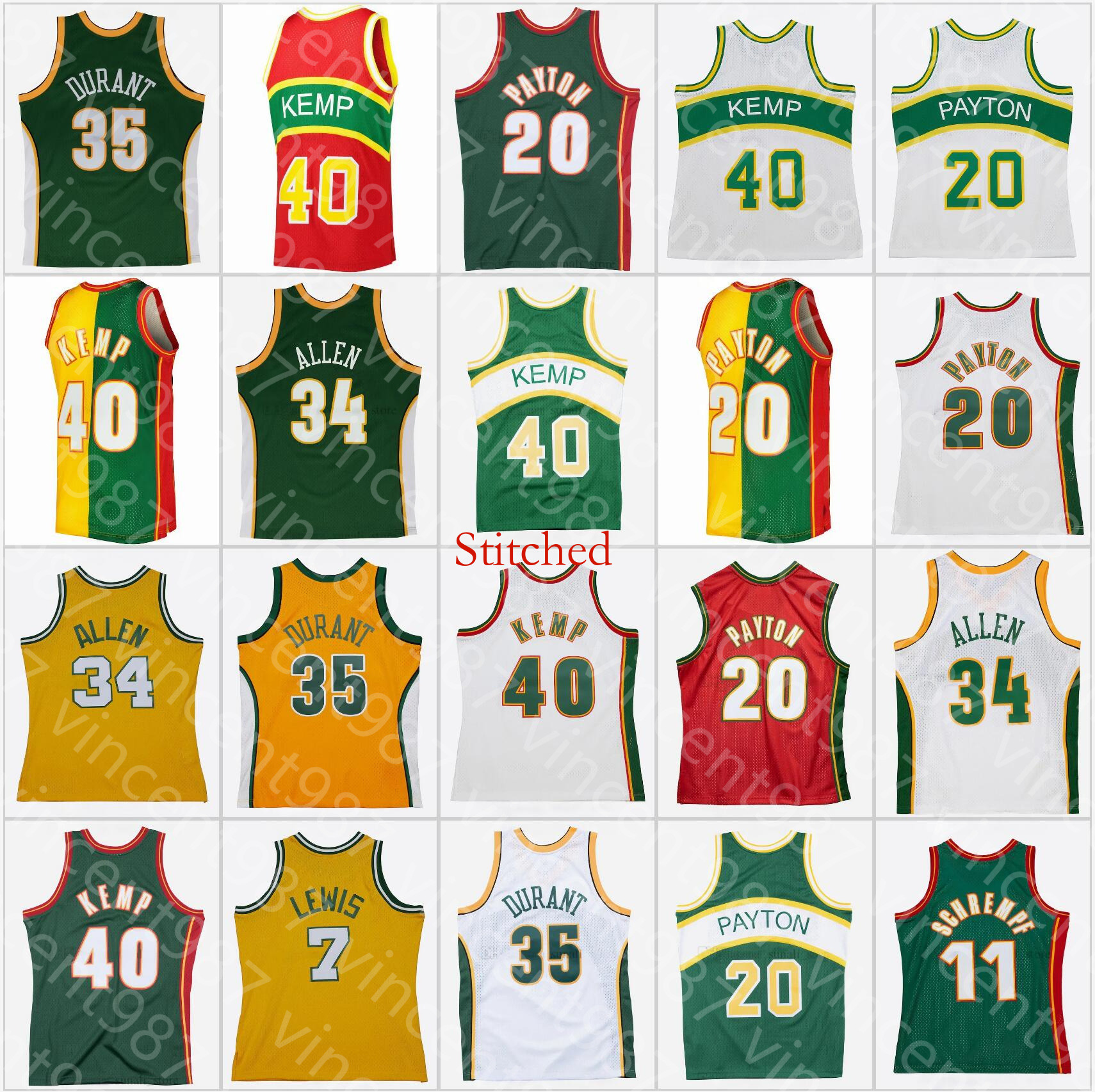 Retro Mans Basketball Jersey Gary 20 Payton Ray 34 Allen Kevin 35 Durant Shawn 40 Kemp Detlef 11 Schrempf Rashard 7 Lewis Vintage Stitched