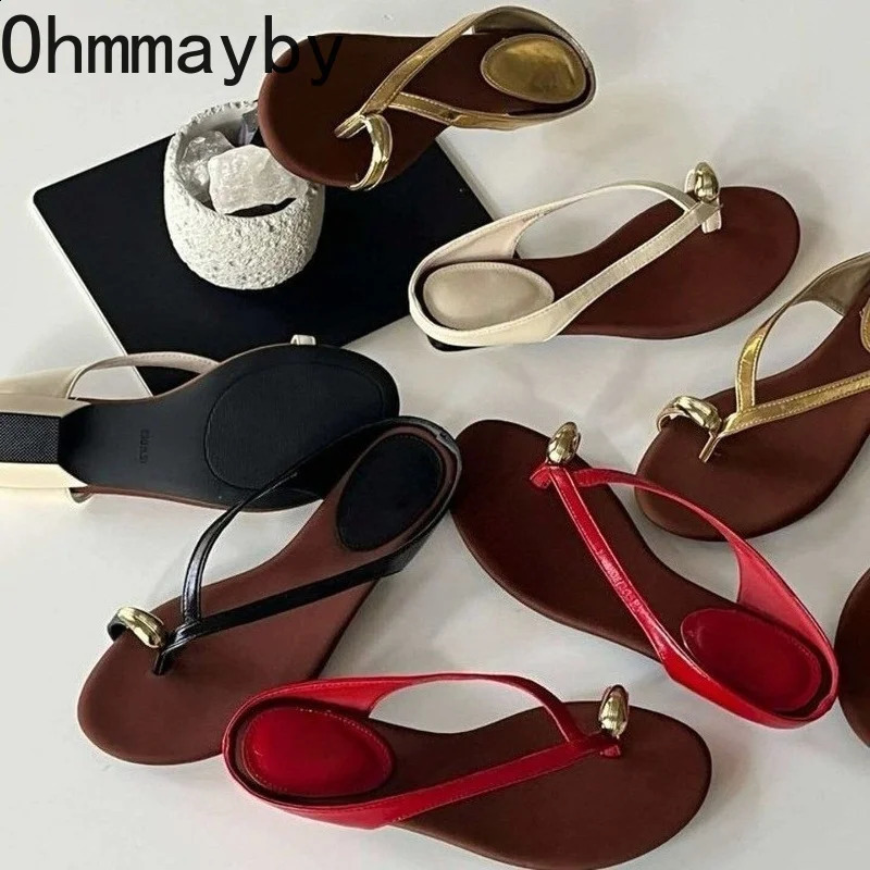 Summer T-Strap Women Slippers Fashion Metal Clip Toe Party Dress Shoes Ladies Elegant Low Heels Beach Slides Zapatos De Mujer 260625