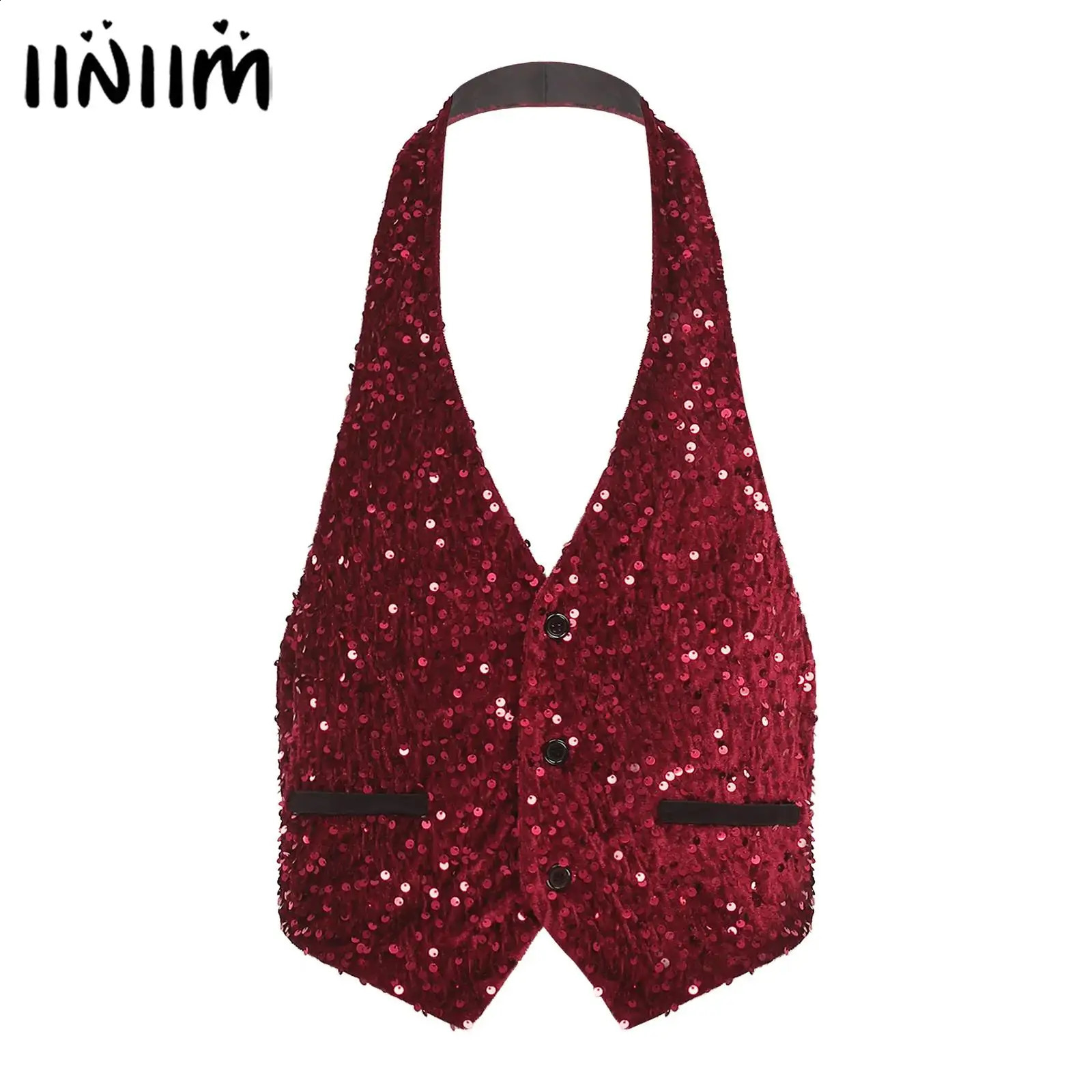 Mens Glittery Sequined Velvet Waistcoat Halter V Neck Front Button-down Backless Vest Tank Top Cocktail Party Dance Prom Costume 260624