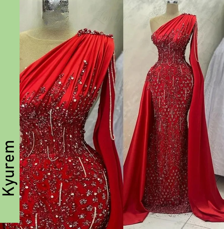 Long Cape Sleeves Evening Dresses Red Glitter Sequins Crystals Party Prom Dresses Train Woman Prom Gowns Robe De Soiree Custom Made Color/size