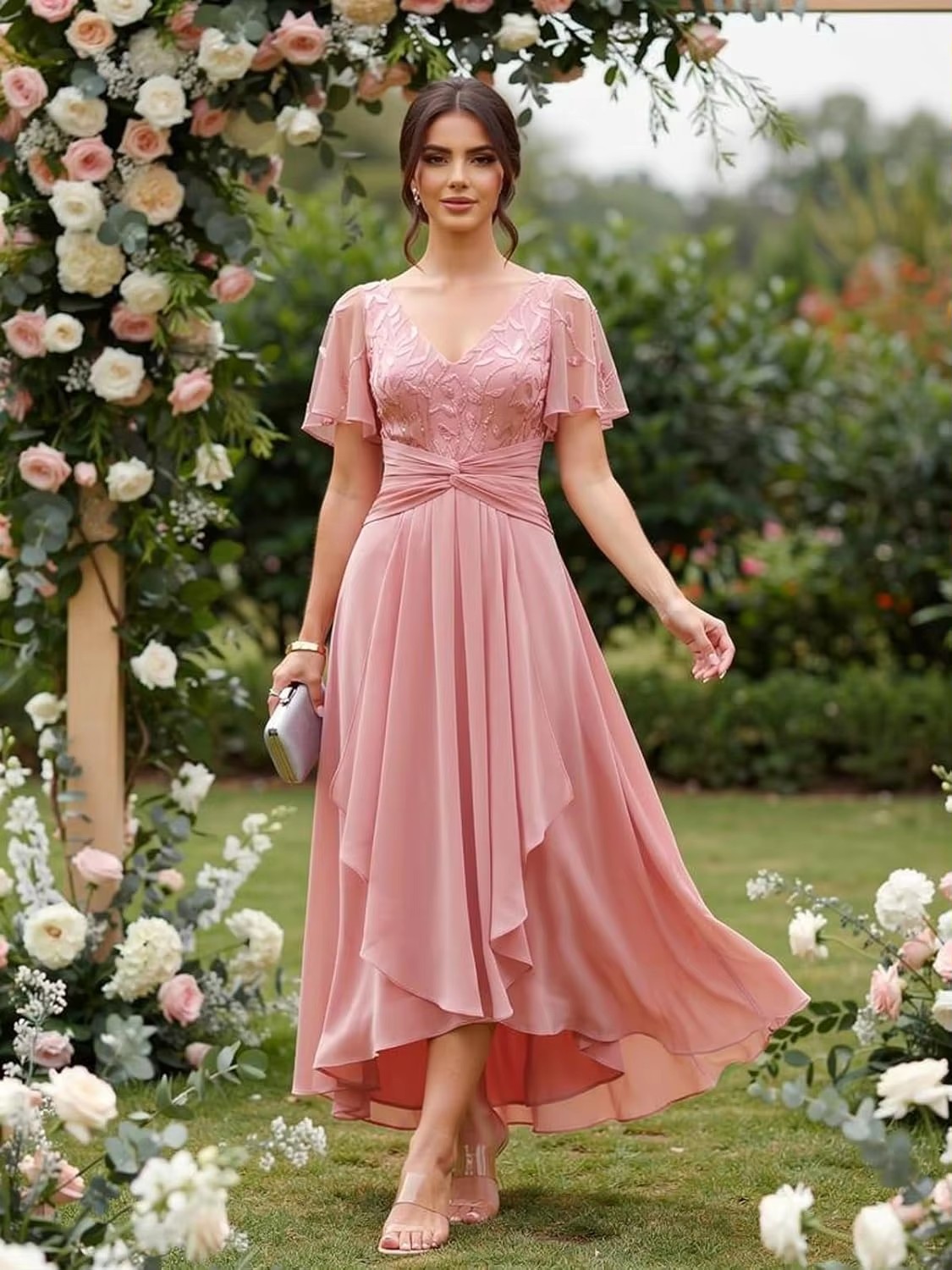 Vintage Pink A Line Mother of The Bride Dress for Women V Neck Short Sleeves Lace Sequin Long Chiffon Formal Evening Party Gown Dresses