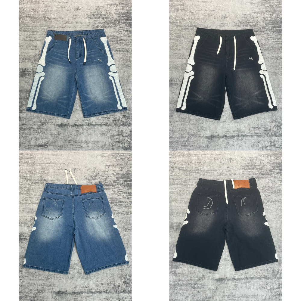 Godshorts mens Shorts Designer Y2K Bone Patch Denim Jorts Men Speed Hip Hop Loose Wide Leg summer casual Jean Shorts Vintage Washed Bone Sticker Kne