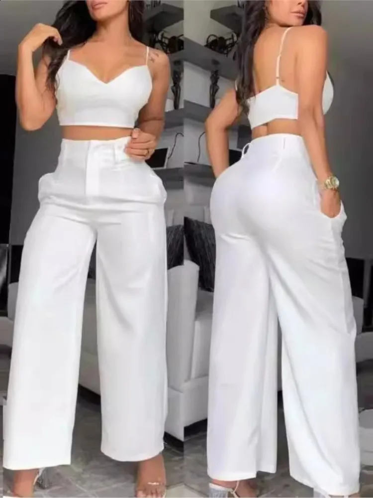 Summer Sexy 2 Piece Set Women VNeck Strap Shirred Slim Crop Top Laceup Wide Leg Pants Sets Elegant Holiday Lady Suit 260625