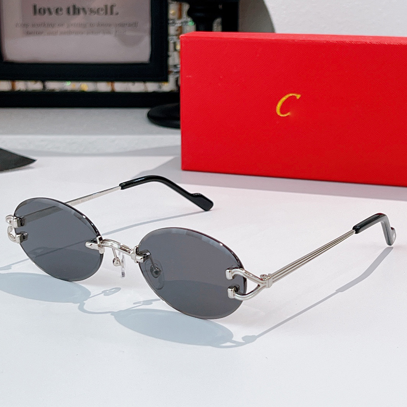 Designer Sunglasses For Women Classical C Sunglasses CT 0551 Silver Metal Grey Lens Rimless Oval Shade Y2K Daily Outfit Glasses Compatible to Prescr