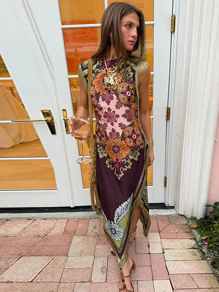 Elegant Printed Womens Tassel Dress Fringed Sleeveless Slim Irregular Party Evening Dresses 2026 Spring Summer Lady Vestidos 260625