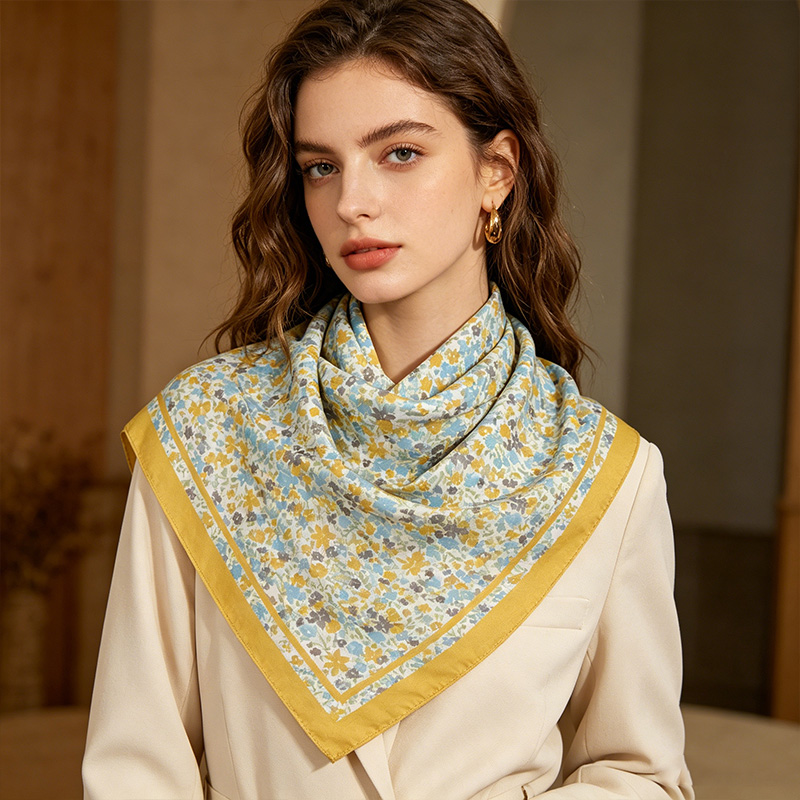 Double Sided Ditsy Floral Square Scarf Women Yellow Border Bandana Head Neck Scarf