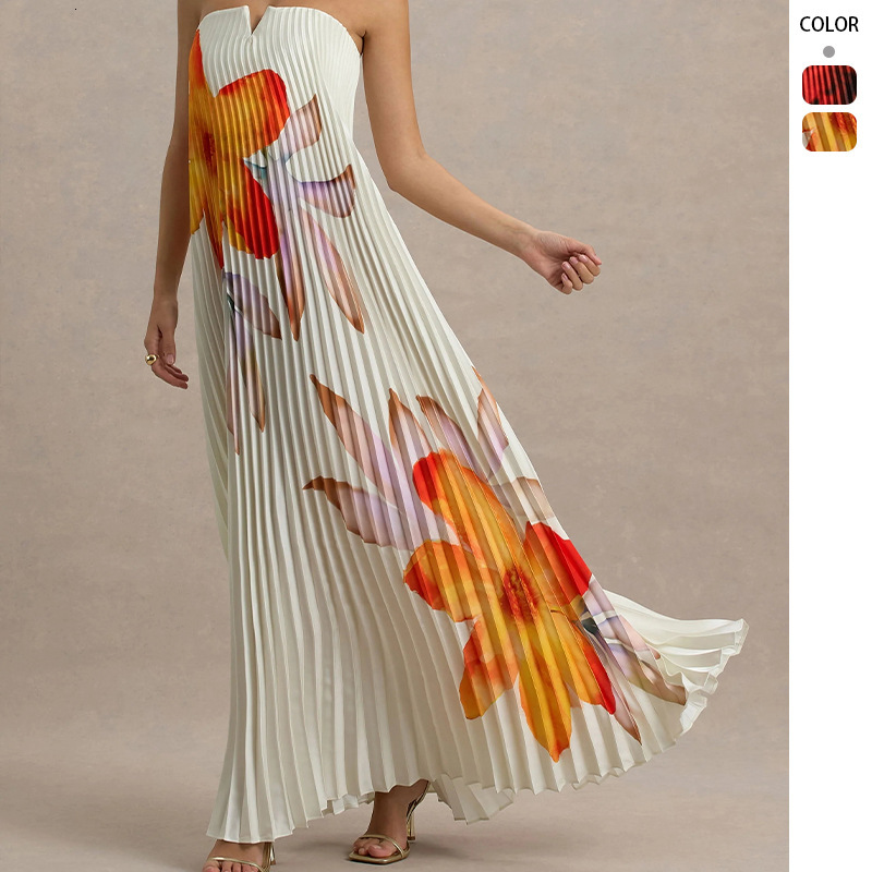 Printed Strapless Loose Heavy Pleated Long Dress For Women LEEGO LENS