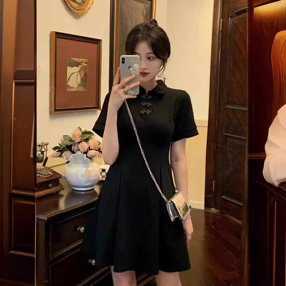 Q0449 collar new Chinese style dress women's summer national tide change cheongsam waist thin small black dress-image-1112190762