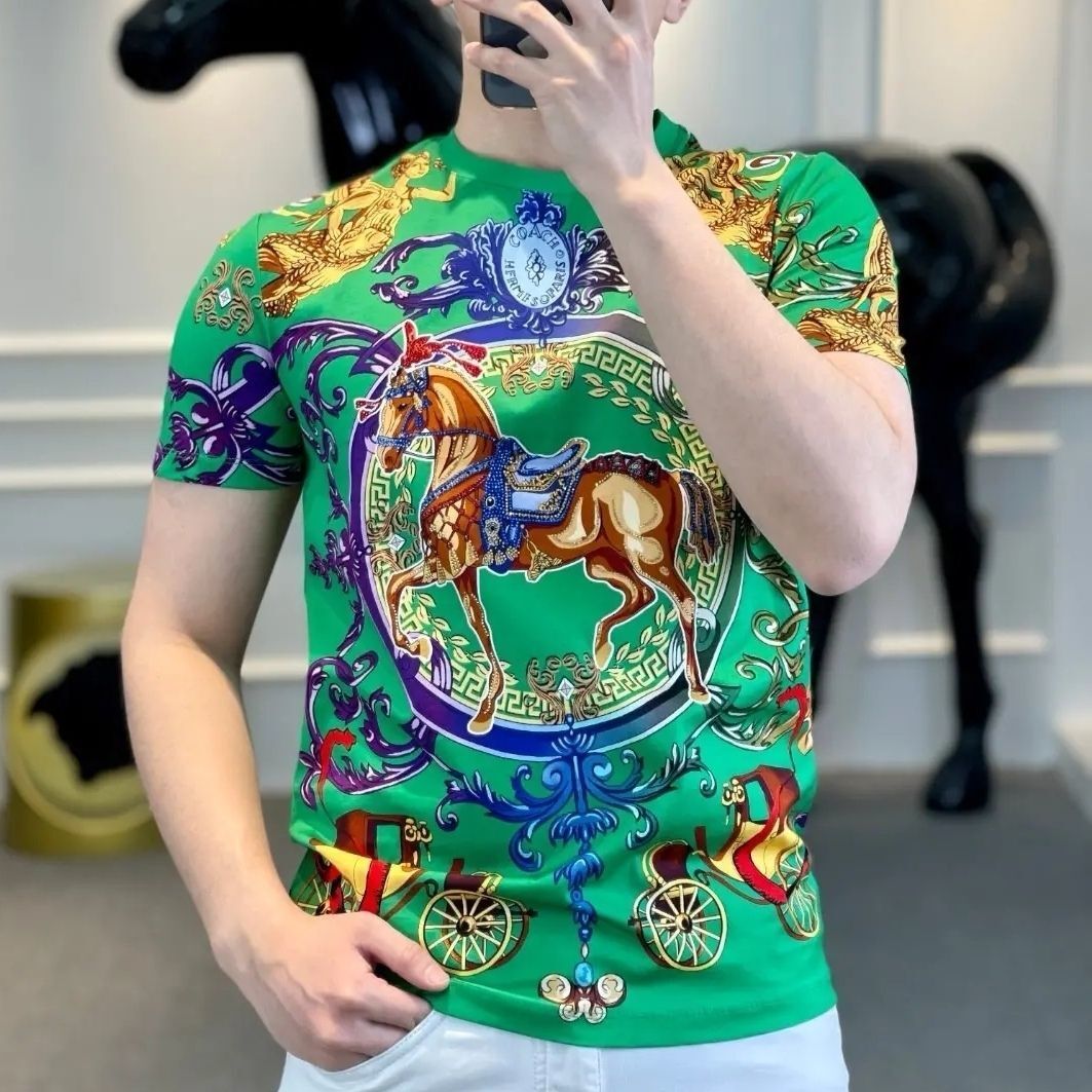 Light Luxury Fashion Trendy Men's Short-Sleeve T-Shirt, High-Quality European Style, Slim Fit, Round Neck, Youth Print Tee