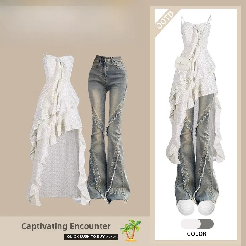 Summer Sweet And Spicy Style Uneven Dress Micro Flare Jeans Two Piece Set Womens Fashion Ensemble Polyester Fiber 260623