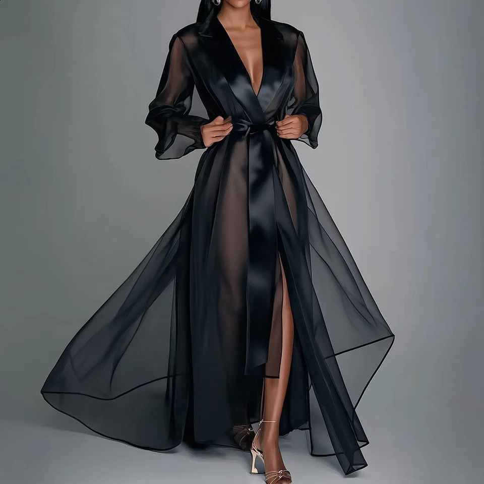 Organza See Through Long Sleeve Lace Up Robe Maxi Dress Summer Lapel Collar Fashion Bridal Robes Womens Gown Solid Party Dress260622