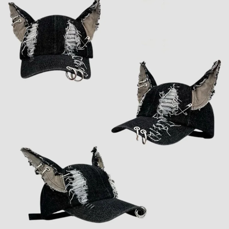 Junk style y2k Doberman Dog ears washed cowboy baseball cap Dark tie punk personality street cap 260624
