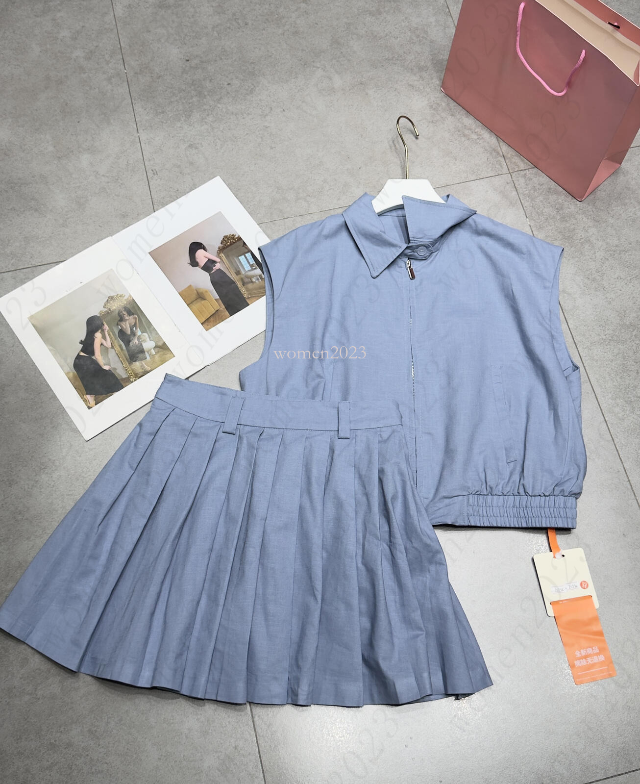 women skirt set brand summer 2pcs sleeveless jacket set fashion logo Linen vest two-piece pleated skirt vacation designer high waist skirt suit Jun